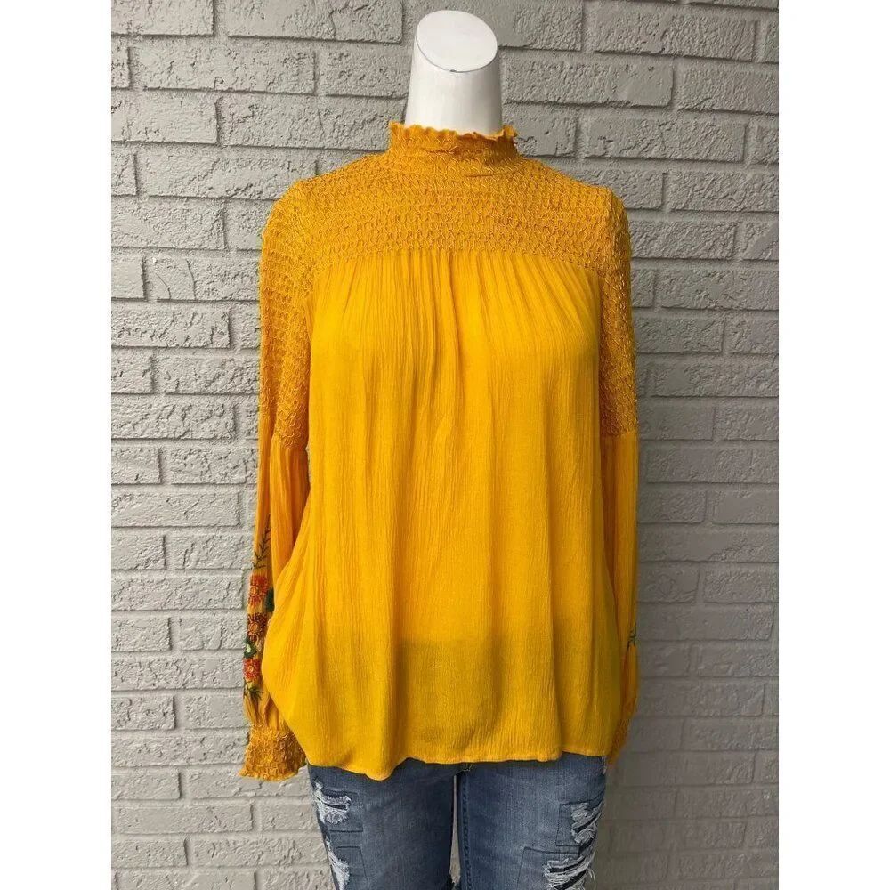 Rocks & Indigo Women Mustard Smocked Floral Embroidered Long Sleeve Blouse Size